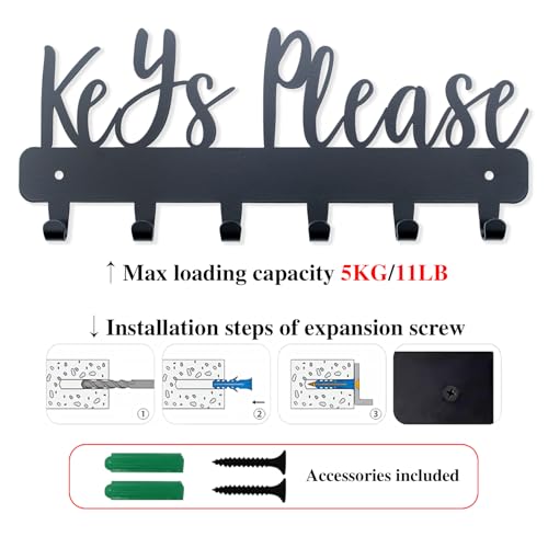 Keys Please Holder on Wall,Key Holder Wall Mounted,Black Metal Decorative Key Rack Hooks for Garage, Mudroom, Hallway,Entryway,Front Door,Office (Normal Size:11x4.57inches) - Image 3