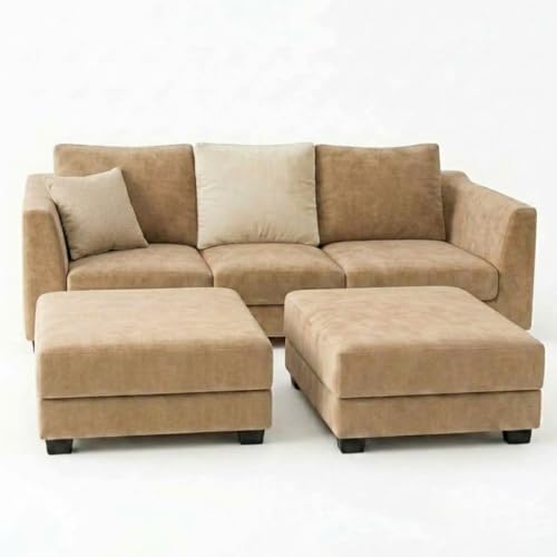 Image of SOCOZI Trevano 5 Seater L Shape Sofa Set with 2 Movable Ottomans | Flexible Layout| Soft Velvet Suede Fabric|Modern Sofa | Plush Comfort Cushions for Living Room (Beige-Cream)