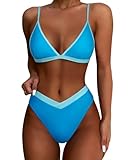 SUUKSESS Women Triangle High Cut Bikini Sets Sexy High Waisted Color Block Two Piece Swimsuits Push Up Bathing Suits(Blue,M)