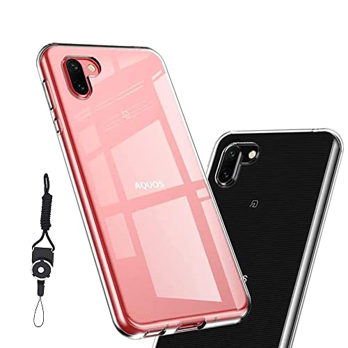AQUOS R2 706SH / SH-03K / SHV42 用のケース カバー クリア 全透明 対応 TPU 耐衝撃 指紋防止 薄型 軽量 黄変防止 ストラップホール付属 ネックストラップ付 Qi充電対応 AQUOS R2