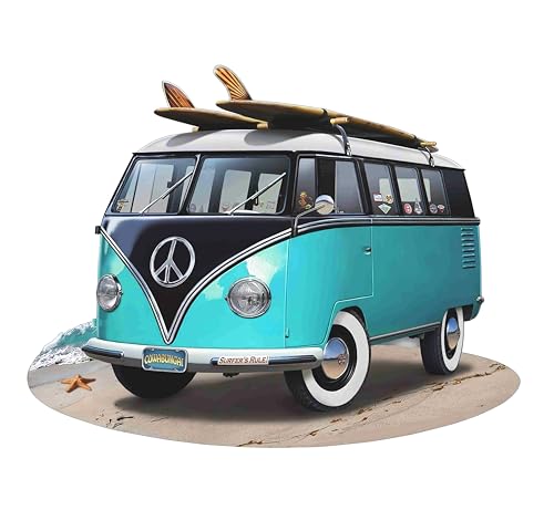 FÉENOMENN Déco Murale Vintage en Métal - Combi Van Bleu & Noir Plage Surf Sable (48x38cm)