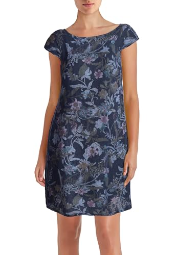 PEKIVESSA Leinenkleid Knielang mit Blumen-Print Kurzarm Marineblau 40 (L)