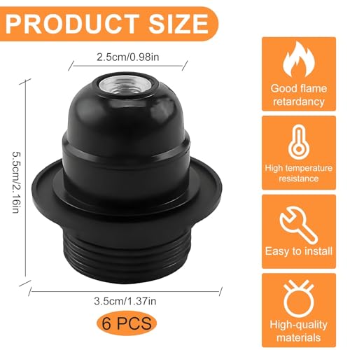 6 Pcs Edison Screw ES Bakelite Lamp Holder, E27 Lampholder in Black Bakelite with Shade Ring, Edison Screw Bulb Holder, with 10mm Threaded Entry & Shade Ring, for Table, Ceiling, Pendant Light Fitting - Image 3