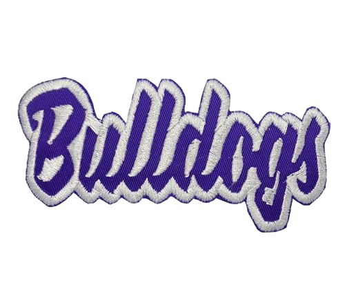 Bulldogs Mascot, Team Name, Embroidered, Iron on Patch (Purple Twill/White Outline)