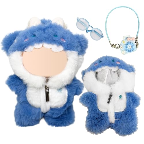Puppenkleidung für 17cm Puppen Blauer Hai Puppen Kleidung mit Brillen Kamera-Anhänger für die 17 cm Mini Plüschpuppe Puppen Nicht im Lieferumfang Enthalten Hellblau