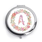 QUSTGO Personalized Gift for Women Girls Her, Custom Gifts for Adult Teen, Floral Monogram Alphabet Initial Compact Mirror for Birthday, Graduation, Mothers Day, Easter Basket Stuffers