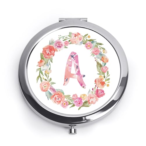 QUSTGO Personalized Gift for Women Girls Her, Custom Gifts for Adult Teen, Floral Monogram Alphabet Initial Compact Mirror for Birthday, Graduation, Mothers Day, Easter Basket Stuffers