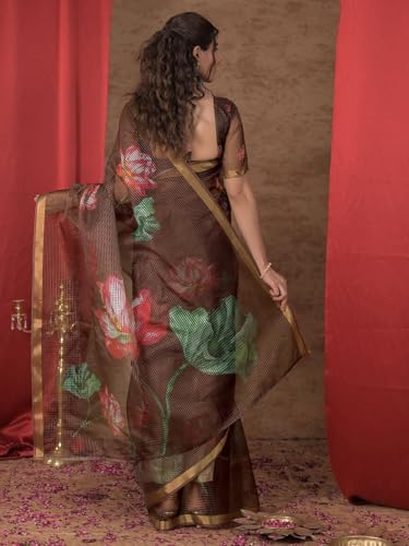 Image of Satrani Women's Kota Chex Printed Saree with Unstitched Blouse Piece