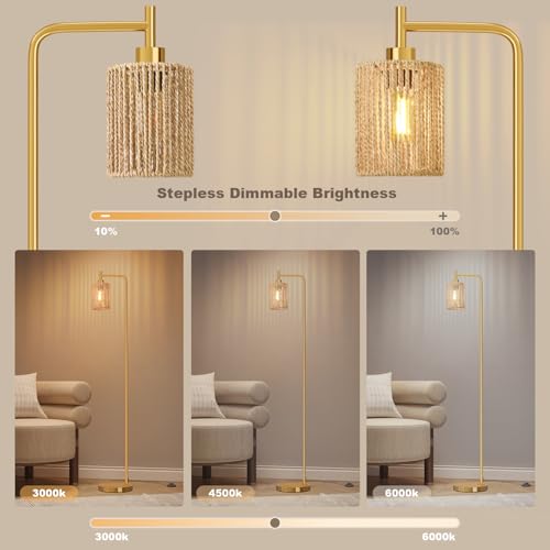 Image of Oneach 66 inch Gold Floor Lamp for Living Room, Boho Floor Lamp with Remote Control and LED Bulb, Rattan Shade, Industrial Tall Farmhouse Standing Lamp for Bedroom, Dining Room, Study Room, Office