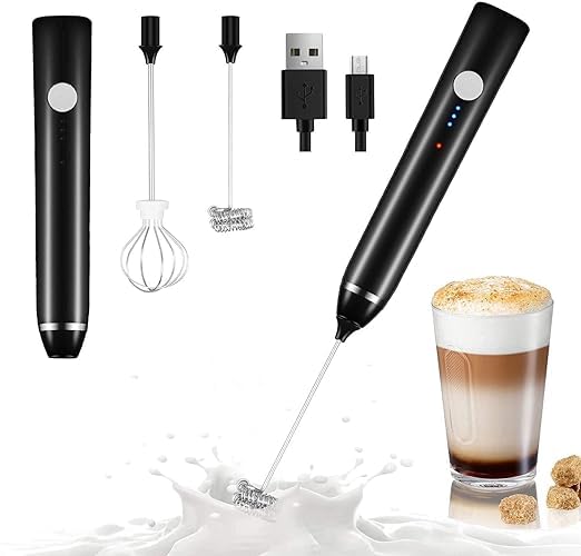 shopella milk frother handheld usb rechargeable electric foam maker for coffee, cappuccino, egg mix, 2 whisks for coffee (multicolour, 17.3 x 3cm)