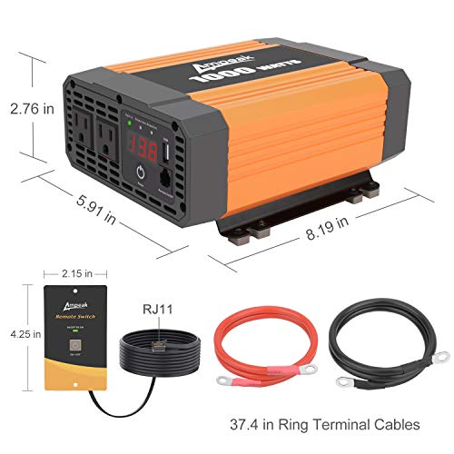 Ampeak 1000W Power Inverter 12V DC to 110V AC with 2 AC Outlets and USB Port Remote Control Car Converter