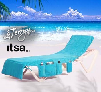 Itsa Beach Towel - The Holiday Sun Lounger Cover/Bag with Pockets (Turquoise) 100% Cotton Terry Towelling