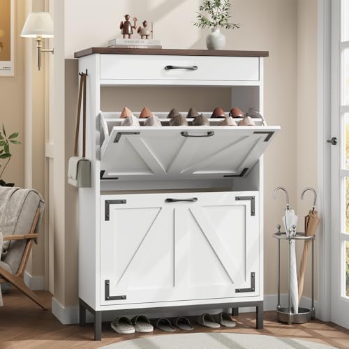 Jocoevol Schuhschrank, Schmaler schuhkipper mit 2 Klappfächern & 1 Schublade, Schuhkommode mit Metallbeinen für Flur & Eingangsbereich, platzsparend...