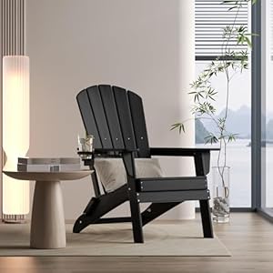 Folding Adirondack Chair Extended Ergonomic Backrest Cup Holder Easy Assembly Durable HDPE Plastic Weather Resistant Maintenance Free Lawn Patio Deck Supports 400lbs Black