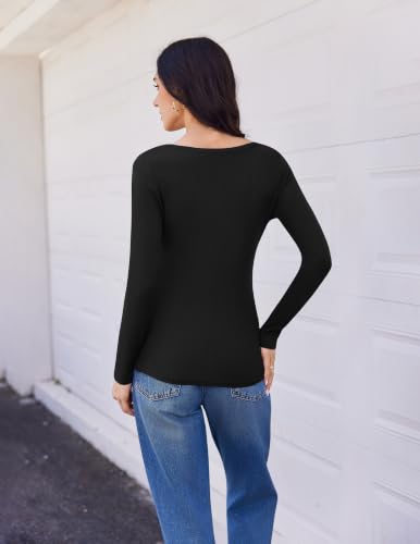 Ekouaer Womens Long Sleeve Shirts V Neck Ribbed Thermal Undershirts Black - image 5