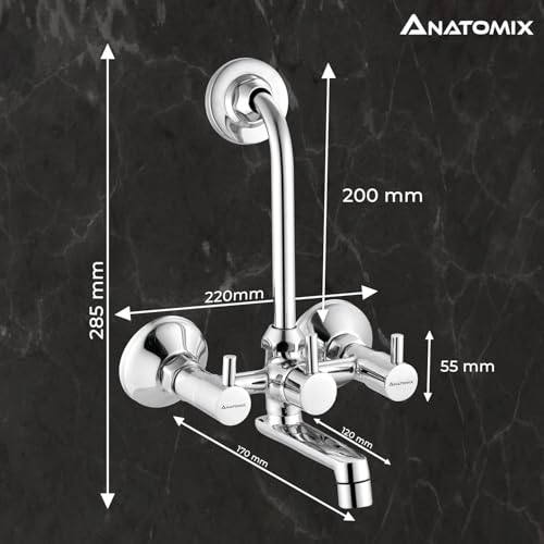 Image of ANATOMIX Slim Brass Wall Mixer for Bathroom with Stainless Steel 125mm Long L-Bend Provision for Overhead Shower, Chrome Finish (Bath Mixer System)