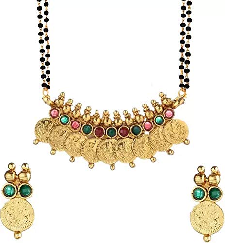 Bhagya Lakshmi Traditional Red and Green Temple Coin Necklace with Earrings for Women
