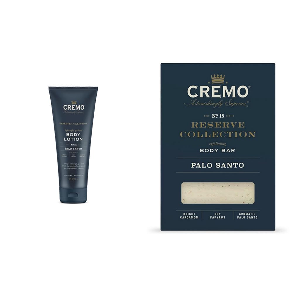 Cremo Palo Santo Body Lotion, 8 Fluid Ounce & Exfoliating Body Bars Palo Santo with Lava Rock and Oat Kernel, Shea Butter