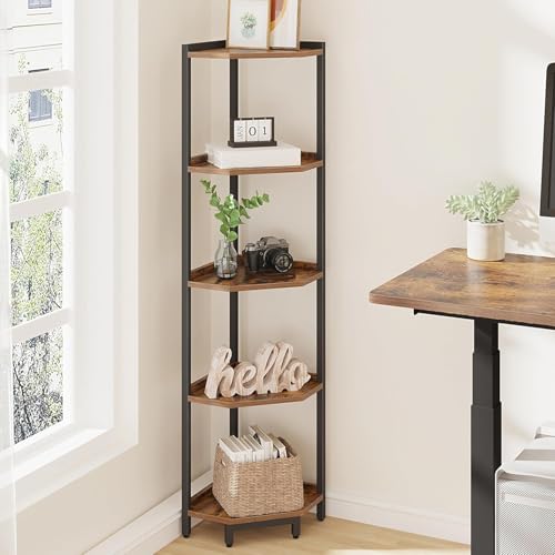 Corner Shelf Stand, Corner Bookshelf, Storage Standing Shelf Unit with Metal Frame, Plant Stand, Bookcase for Living Room, Home Office, Bedroom, 5-Tier Rustic Brown CS05901B - Image 4