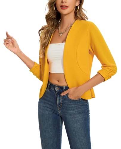 Womens Cropped Blazer Suit Jacket Open Front 3/4 Ruched Sleeve Blazers Collarless Suit Jacket Coat Tailored Outfit,Yellow,L4