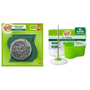 Scotch-Brite 1 Stainless Steel Scrubber (15g) and 2 Scrub Pads Combo andScotch-Brite 2-in-1 Bucket Spin Mop (Green, 2 Refills), 4 Pcs