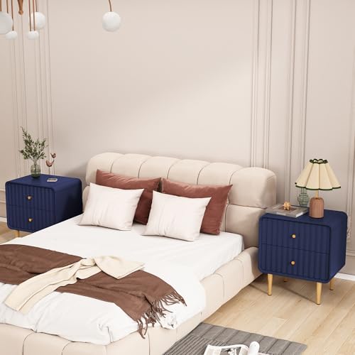 Image of HLR Modern Nightstand, Fluted Bedside Table with 2 Drawers Storage, Blue