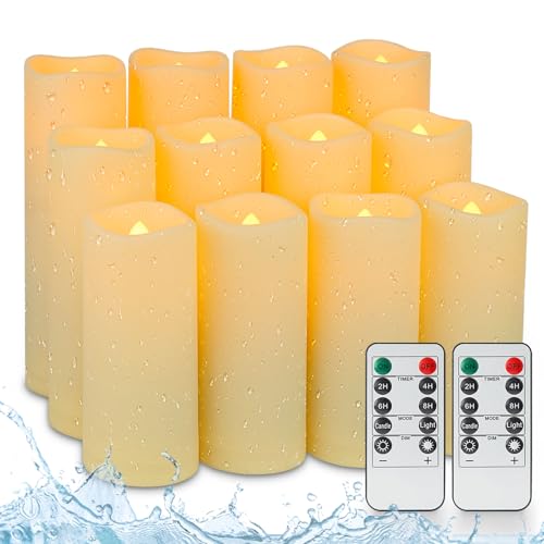Fanna 12 Candele a LED Resistenti all'acqua con 2 Telecomandi, Candele Finte con Timer per Chiese e Matrimoni, Uso Esterno - Ø 5,5cm, H 12,5/15/ 18 cm