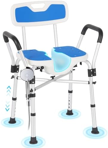 Careboda U - Shaped Shower Chair with Backrest & EVA Foam Armrests, 600LBS Capacity, Tool - Free Assembly, Adjustable Shower Stool for Seniors, Aluminum Alloy, Suitable as Shower Bath Bench