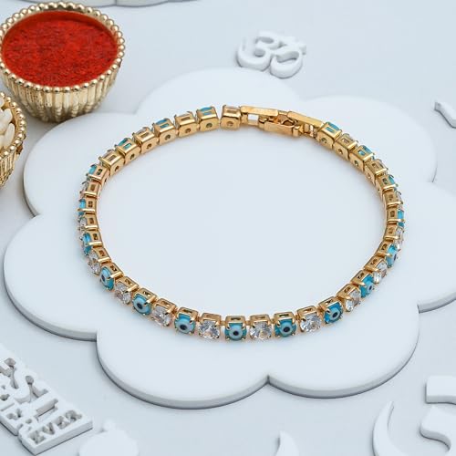 Image of eCraftIndia Sky Blue Diamond Evil Eye Design Bracelet Rakhi for Brother Bhaiya Bhai Bhabhi with Best Bro Ever Fridge Magnet | Roli Chawal Pack