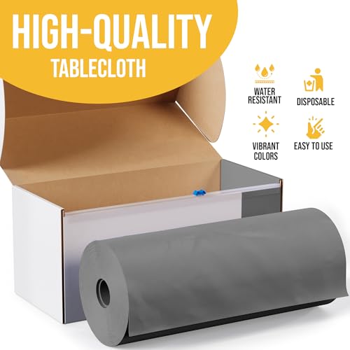 Image of Exquisite Party Solids 54 Inch X 300 Feet Silver Plastic Table Cover Roll in A Cut - to - Size Box with Convenient Slide Cutter. Cuts Up to 36 Rectangle 8 Feet Plastic Disposable Tablecloths