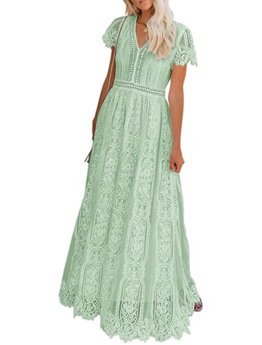 MEROKEETY Women's 2026 V Neck Short Sleeve Floral Lace Wedding Dress A Line Boho Bridesmaid Cocktail Party Maxi Dress, Mint, Small