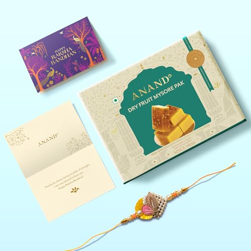 Image of ANAND Sweets Raksha Bandhan /Rakhi MIthai Gift box | Dry Fruit Mysore Pak (500g) + Rakhi + Greeting card combo | Mouth Watering Pure Desi Ghee Sweets | For Brother, Sister, Bhabhi | No Preservatives