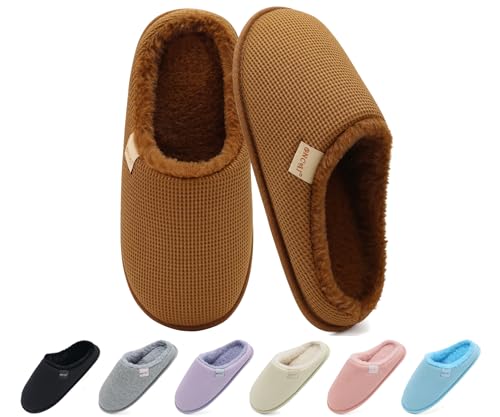 ONCAI Women's House Slippers, Cushion Memory Foam Waffle Upper Home Comfortable Warm Winter Cozy Soft Lightweight Indoor Best House Shoes Non-slip Rubber Sole US Size 5-11