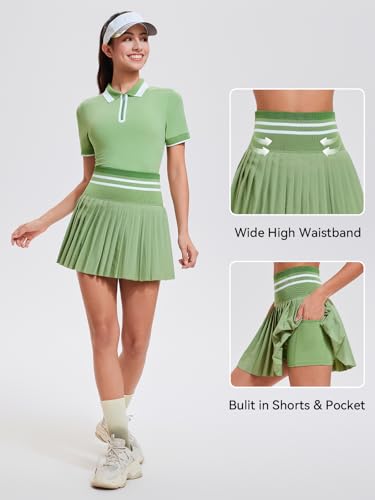 Image of Tennis Skirt Sets for Women Zipper Color Block High Waisted Golf Polo Two Piece Skirt Set Women 2 Piece Outfits