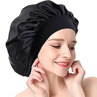 AONAT Satin Bonnet Große Satin Seide Schlafmütze Haube Kordelzug Schlaf Kappe Verstellbarer Nacht Schlaf Hut Mütze Nachtschlaf Kopfbedeckung für Damen Mädchen - Schwarz