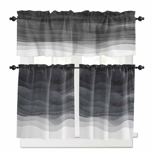 Gray Waves Kitchen Curtains 36 Inch Length, 3 Piece Rod Pocket Small Half Tiers and Valance Set, Ombre Coastal Ocean Water Abstract Small Large Window Treatment Decor for Bedroom/Bathroom Sink