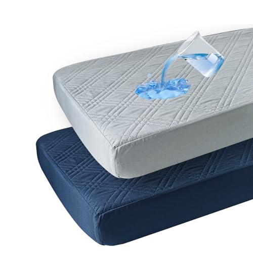 Image of david's kids 2 Pack Waterproof Crib Mattress Protector, Fit Standard Crib and Toddler Mattresses, Ultra Soft and Breathable for Boys Girls Neutral, Grey & Navy Blue Checker