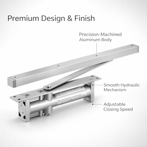 Image of Volo Automatic Hydraulic Double Speed Aluminium Concealed Pelmet Arm Door Closer Premium Heavy Duty for Residential / Commercial Purpose with Fitting Set (Silver). Weight Capacity: 30kg- 80kg