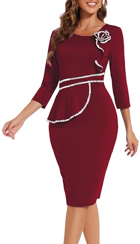 Image of Funeral Church Dresses for Women Formal Long Sleeve Wrap Business Work Dress Vintage Ruched Midi Pencil Dress
