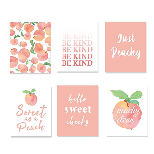 Image of XUOIAYNB Watercolor Pink Peach Art Print- Sweet Peach Fruit with Inspirational Quote Canvas Wall Art-(8”X 10”X 6 pcs, Unframed)-Perfect for Kids Room Kitchen Summer Decoration