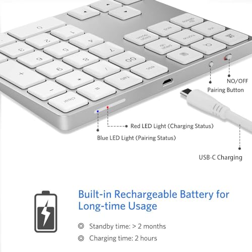 Bluetooth Number Pad, Wireless Numeric Keypad, USB-C Rechargeable External 34-Keys Numpad, Financial Data Entry Keyboard for iMac, MacBook Air/Pro, PC Desktop, Laptop Notebook(Silver)