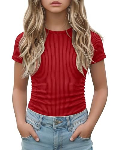 LessonZoo Girls Short Sleeve Shirts Kids Ribbed Knit Side Ruched Tops Crew Neck Slim Fit Tees Summer Basic Cute 5-14 Years(Red 5-6 Years)