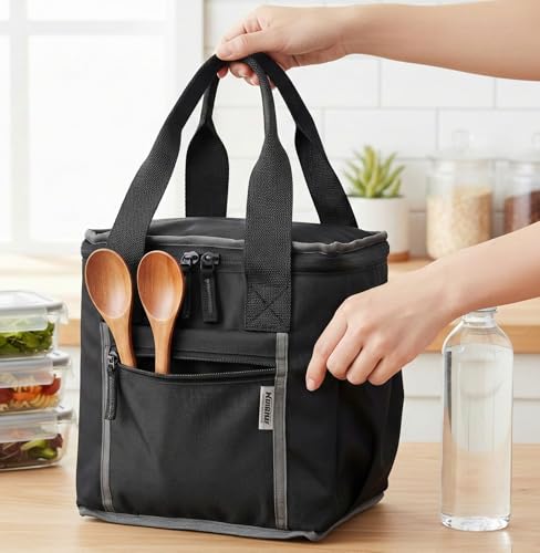 Image of Wooum Thermal Insulated Lunch Bag for Office Men Women Kids | 9L Tiffin Bag with Bottle Holder | Waterproof Food Bag for School, Travel, Work | Leakproof, Compact, 1 Year Warranty (Black)