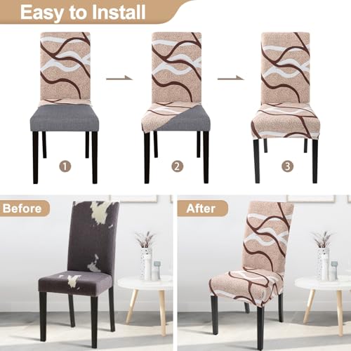 Image of SearchI Dining Room Chair Covers Set of 4, Stretch Printed Parsons Chair Slipcovers Super Fit Spandex Removable Washable Kitchen Chair Protector Cover for Dining Room, Hotel, Ceremony (Khaki)