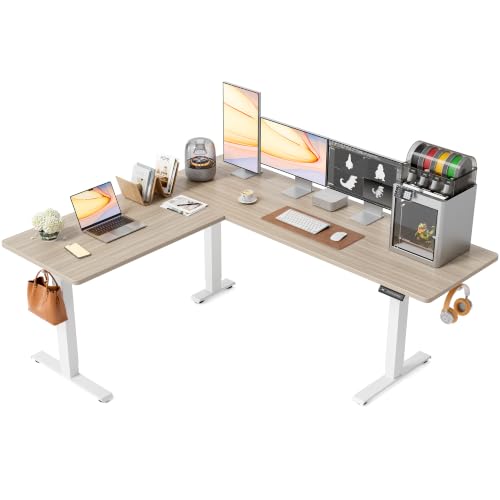 Image of FEZIBO 75 inch x 63 inchL Shaped Standing Desk Adjustable Height, Electric Stand up Corner Computer Desk, Sit Stand Home Office Desk with Splice Board, Light Walnut