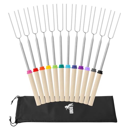 UNCO - Palitos extensibles de acero inoxidable para asar, paquete de 12, 32 pulgadas, para S'mores, perros calientes, fogatas y hogueras