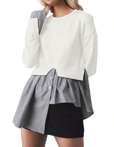 Women Side Split Crew Neck Pullover Sweater 2 in 1 Button Down Patchwork Knit Sweater Asymmetrical Hem Striped Shirt