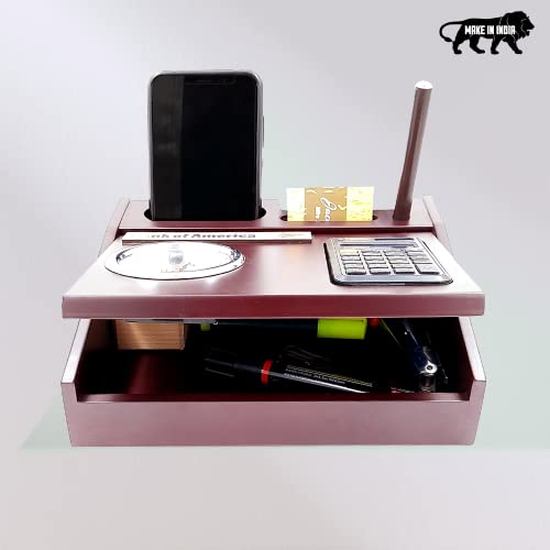 Image of All in One Multi Storage Wooden Desk Organizer for Office Table & Student Desk, Wooden Pen Stand for Office Table with Clock Calculator Drawer, Pen Holder & Mobile Holder Stand