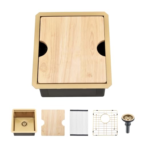 Image of BoomHoze Undermount Gold Bar Sink, 12 x 15 inch Undermount Wet Bar Sink 16 Gauge Stainless Steel Brushed Gold Basin for Outdoor RV Kitchen