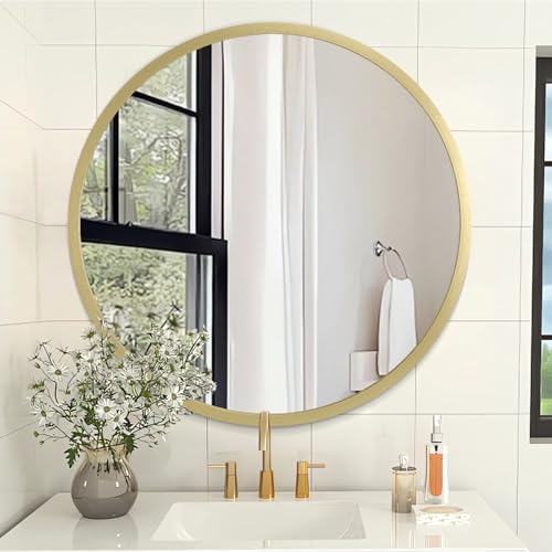 Image of Gold Bathroom Mirrors for Wall Round Horn Circle Brushed Small Mirror Wall Mounted Mirrors Anti Rust Aluminum Ative Mirror for Entryway Hallway Entrance Housewarming